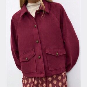 Burgundy Vegan Suede Flap Pocket Snap Front Blouson Bomber Jacket